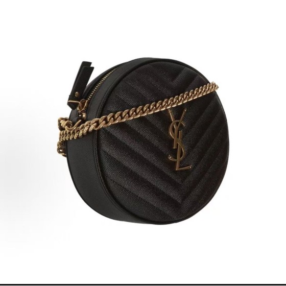 SAINT LAURENT YSL Vinyle distressed gold Logo chain quilted small round bag crossbody single-shoulder bag for women, black